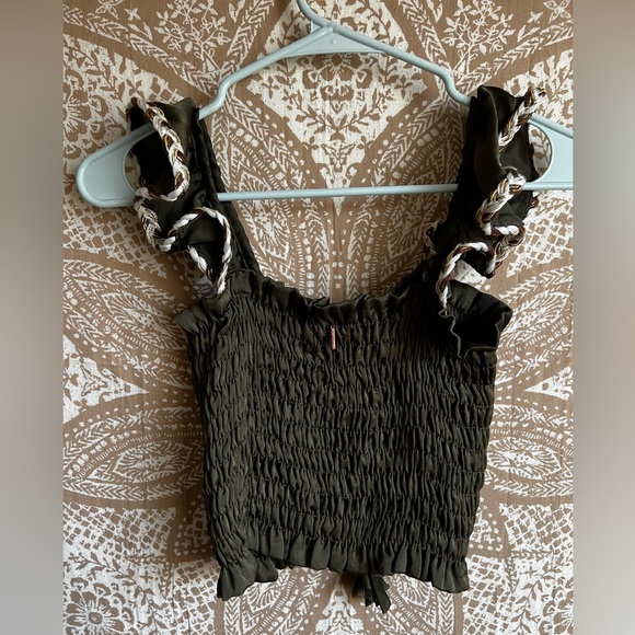 Misa Los Angeles Olive Green Smocked Satin Tank with Braid Design on Ruffle - Picture 6 of 8